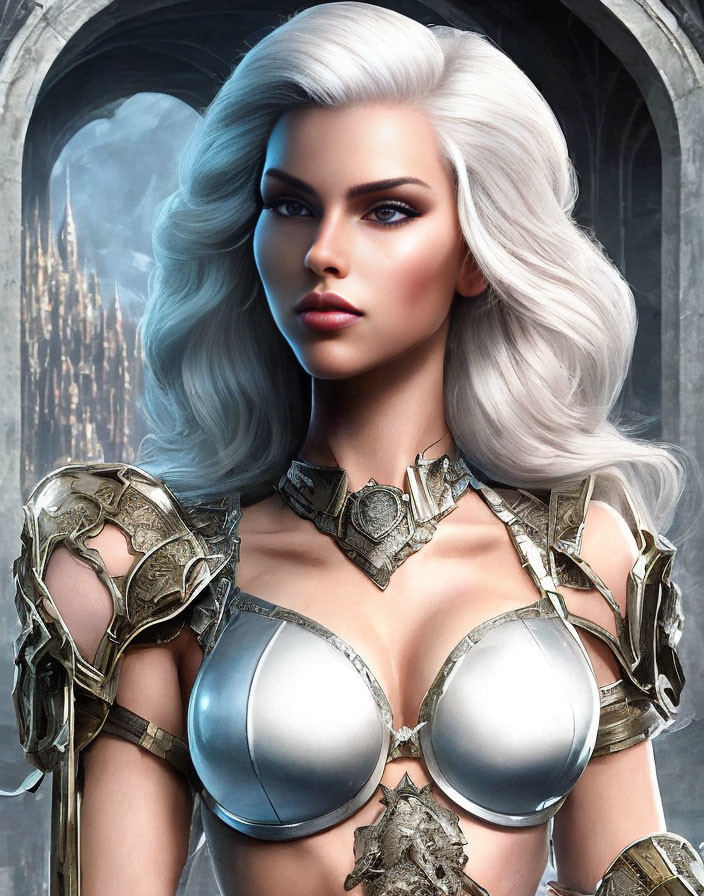 Fantasy character with long white hair in silver armor against misty backdrop