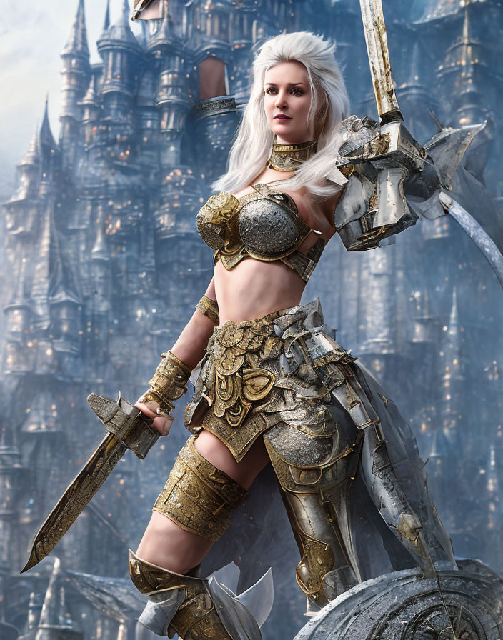 White-Haired Warrior Woman in Golden Armor with Axe and Castle Background