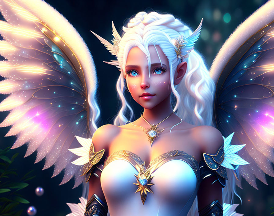 Fantasy character with white hair, glowing wings, and ornate armor in dark forest