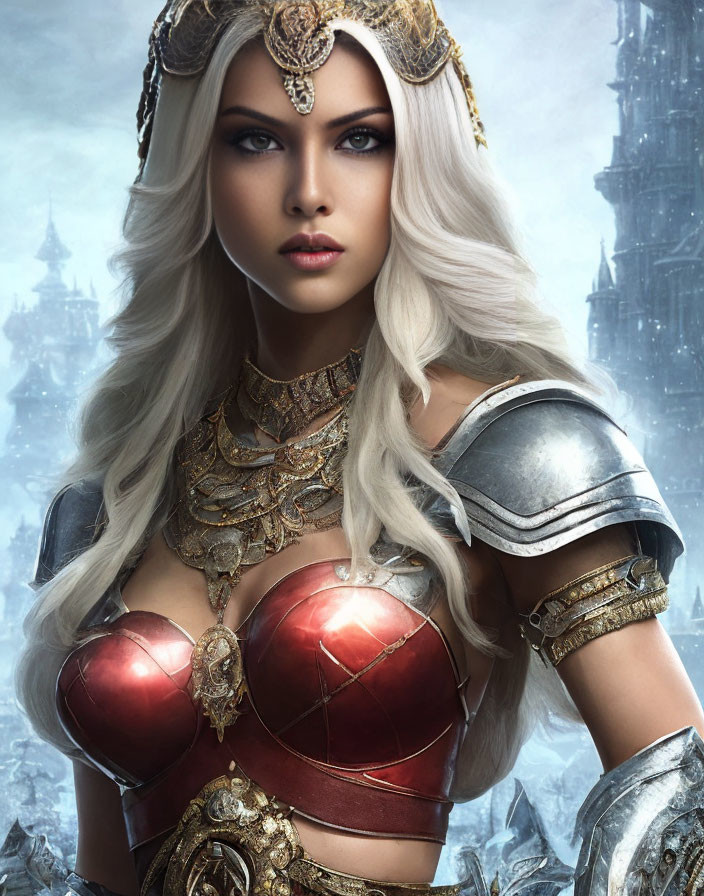 Silvery-haired female warrior in golden armor with red accents on frosty background