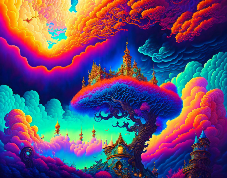 Colorful Psychedelic Tree with Cloud-like Canopy and Exotic Structures