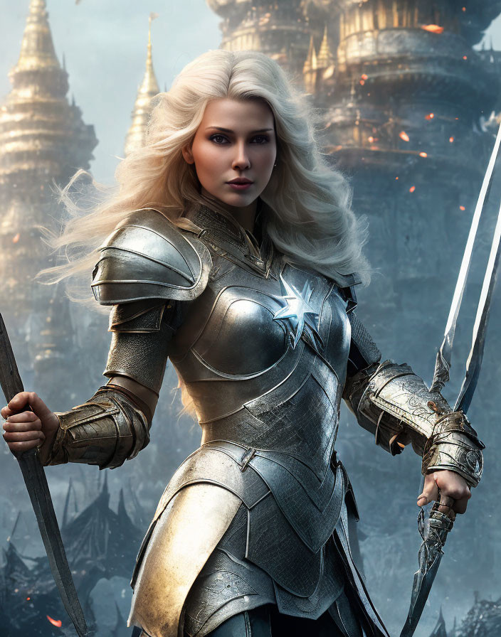 Platinum blonde warrior woman in silver armor with sword and shield against fantasy architecture