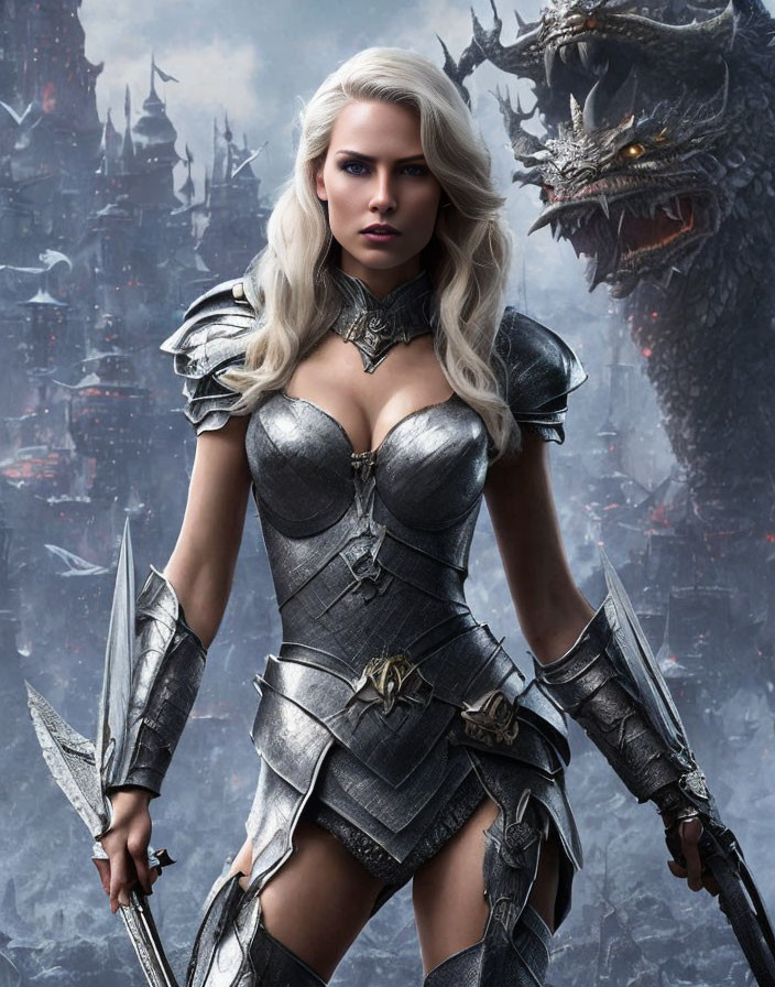 Fantasy warrior woman in silver armor faces dragon and dark castle