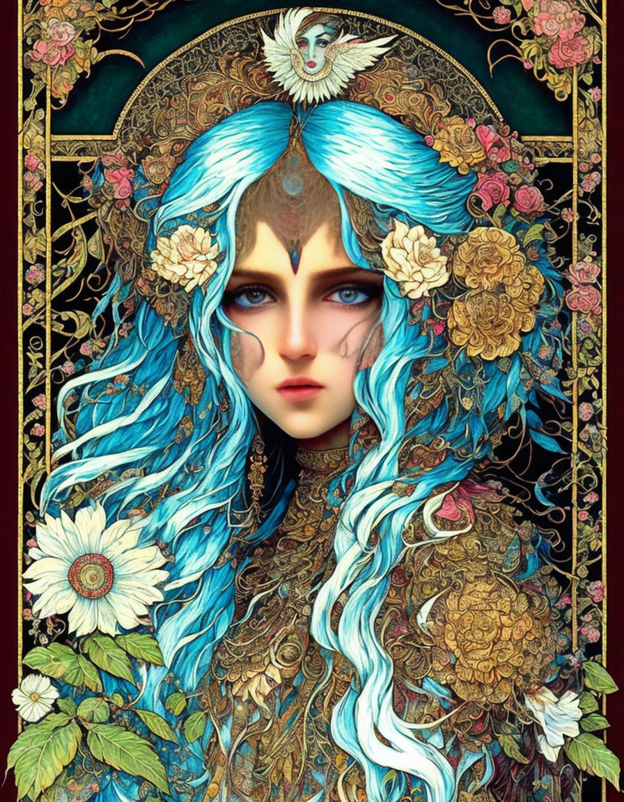 Detailed Illustration: Female Figure with Vibrant Blue Hair, Gold Floral Patterns, Piercing Blue Eyes