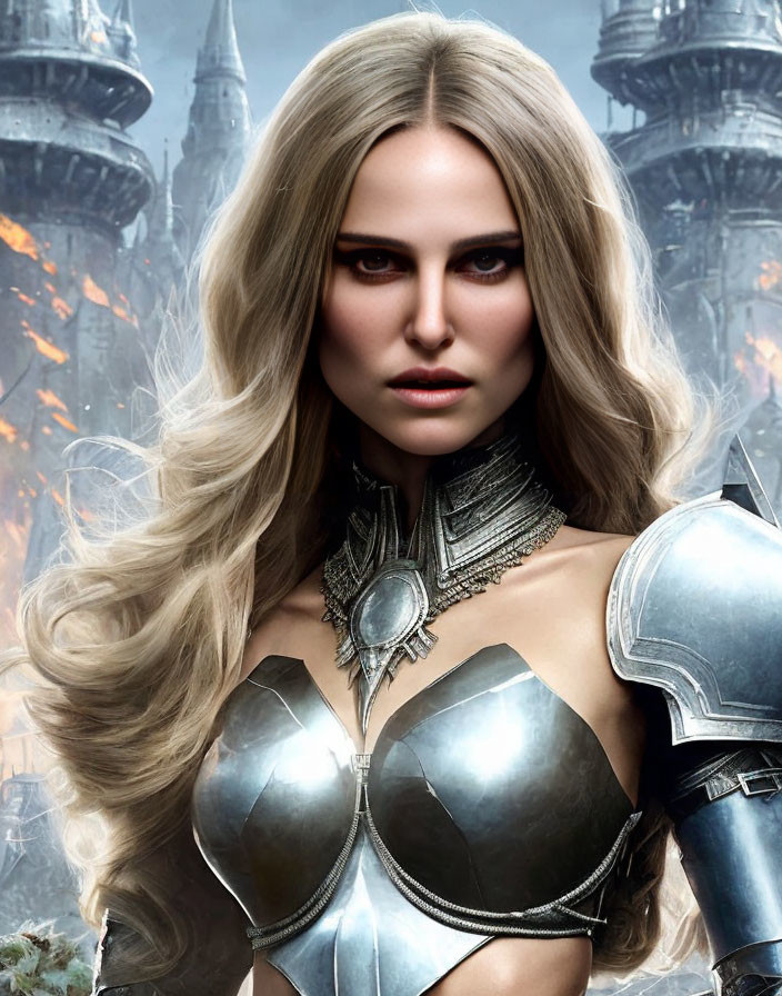 Blonde Woman in Fantasy Armor Amid Fiery Towers