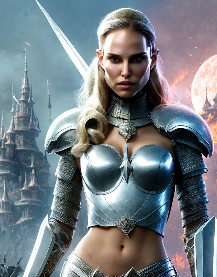 Fantasy warrior woman in armor with sword against mystical castle backdrop