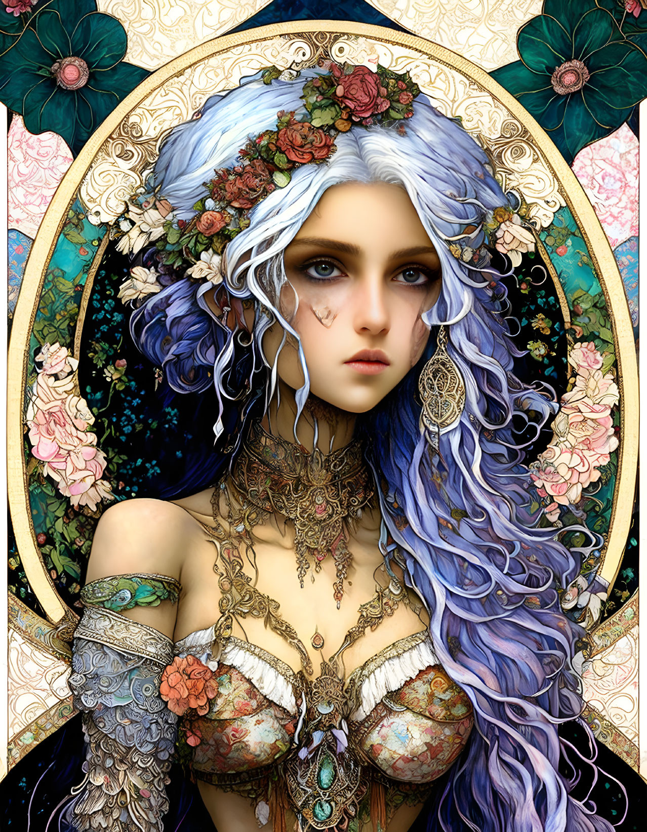 Illustration of woman with wavy blue hair, floral crown, Art Nouveau borders, and intricate