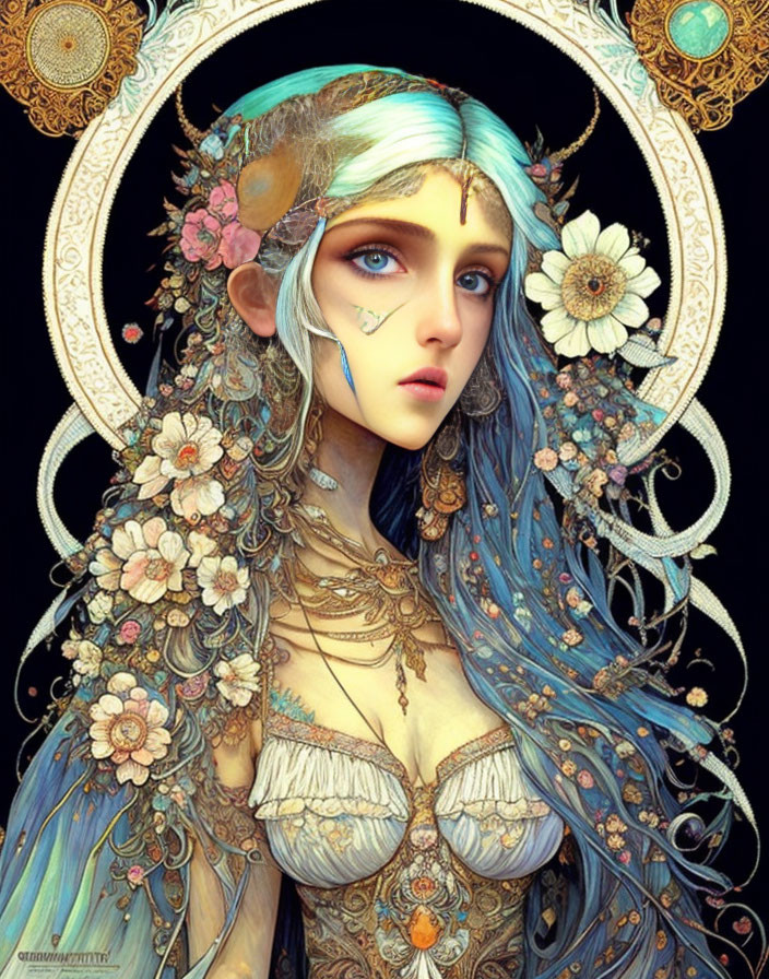 Fantasy female character with blue hair, elf ears, floral halo, intricate tattoos, surrounded by flowers