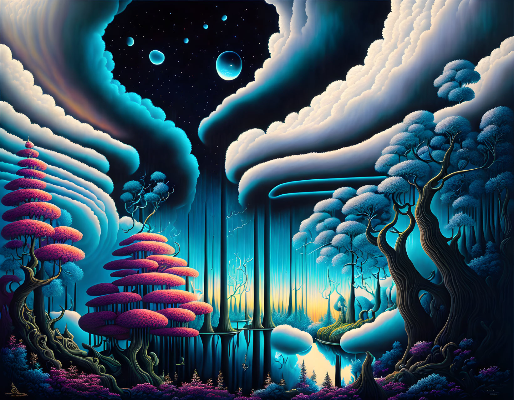 Surreal landscape with pink trees, starry sky, and mystical forest