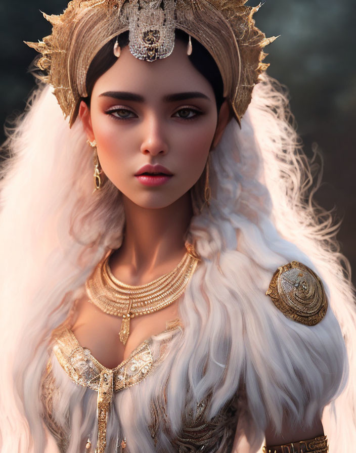 Digital portrait of woman with ornate golden headdress and jewelry, in fur-lined cloak.