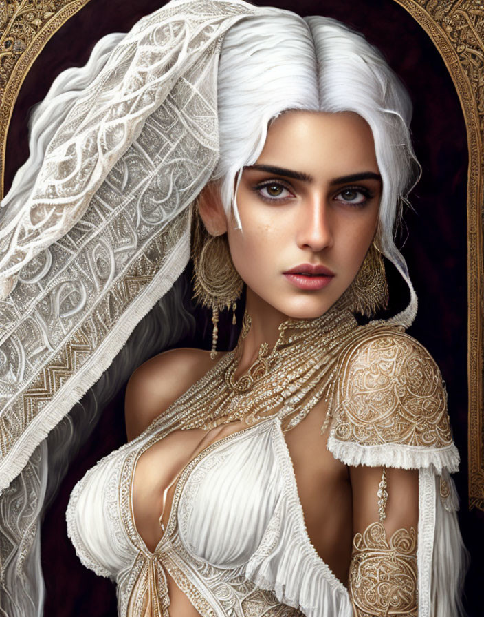 Fantasy portrait: Woman with white hair in gold and white attire on dark background