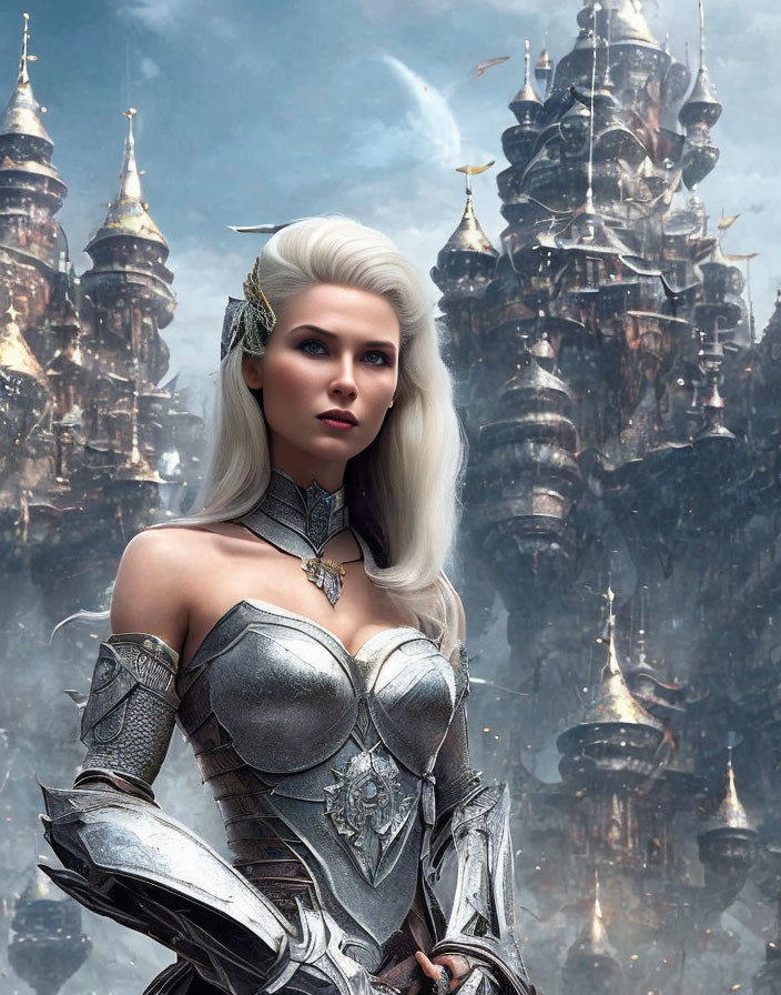 White-haired woman in silver armor with pointed ears against fantasy cityscape