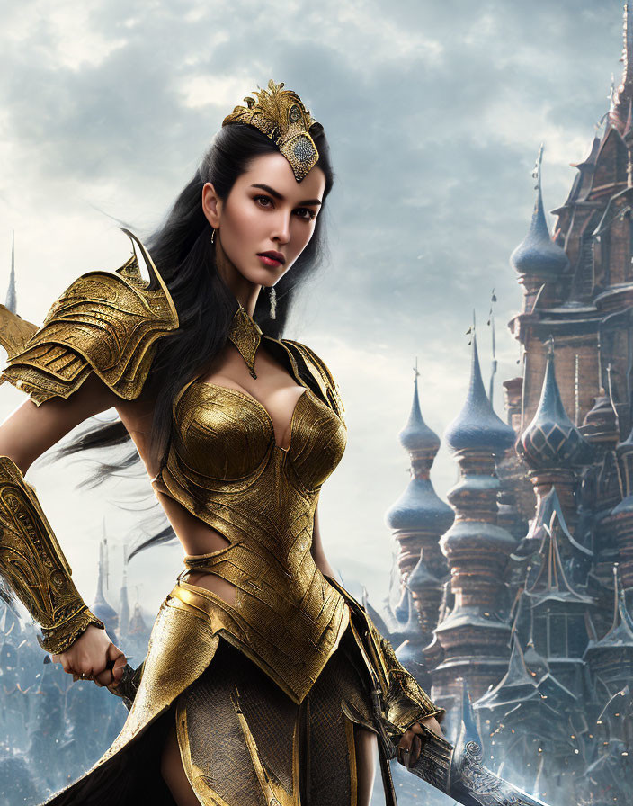 Golden-armored warrior woman with sword and crown in front of castle.