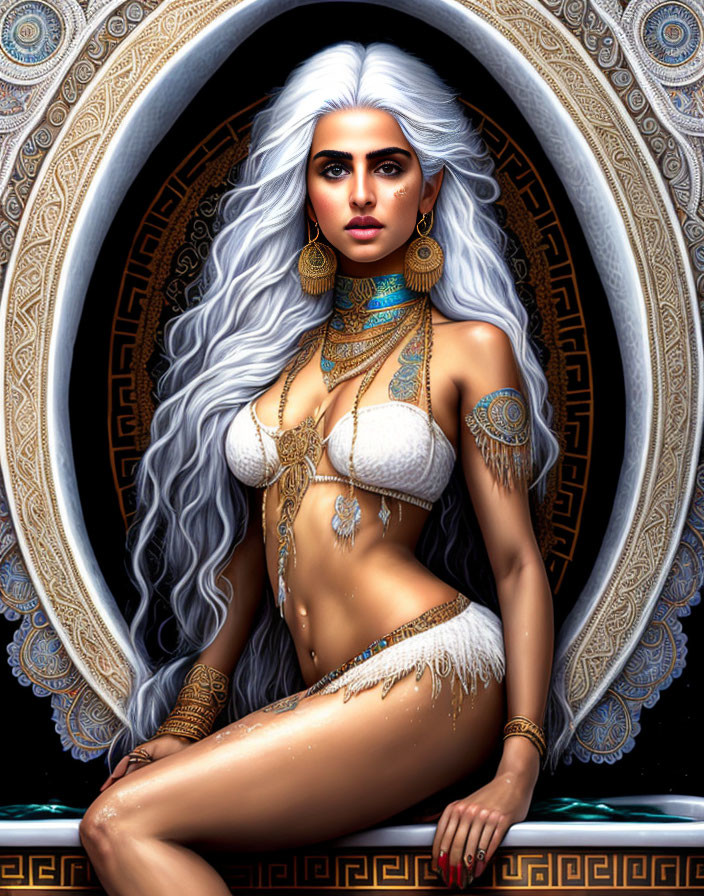 Illustrated woman with white hair, gold jewelry, tattoos, and ornate circular backdrop