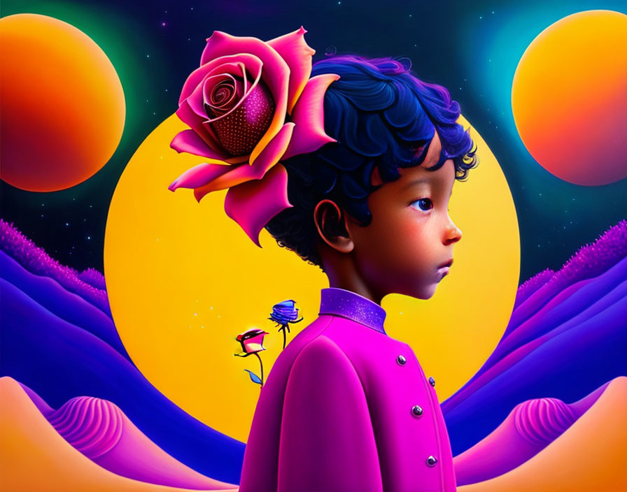 Child with Blue Curls and Rose in Surreal Landscape with Dual Moons