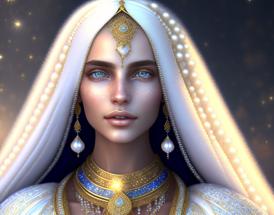 Digital artwork: Woman with blue eyes, gold jewelry, white headdress on starry background