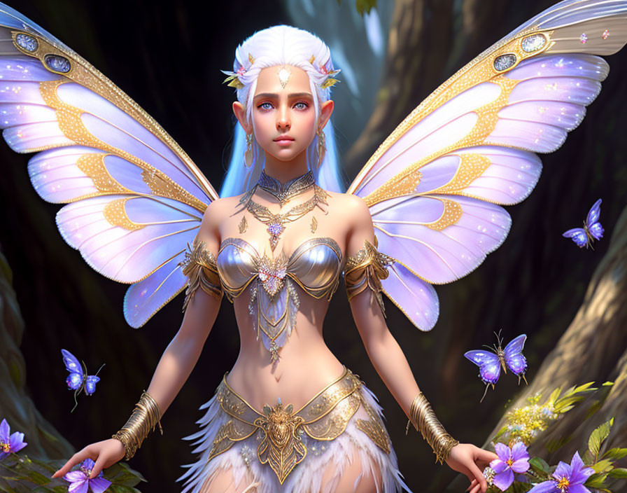 Digital Artwork: Fairy with Luminescent Wings in Forest with Golden Armor and Purple Butterflies