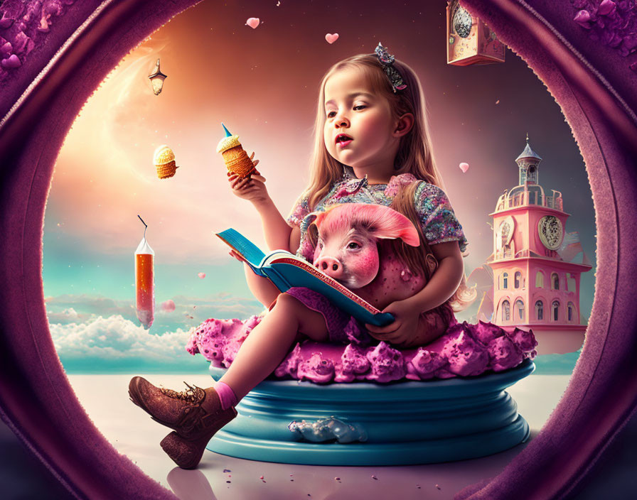 Young girl reading to piglet in whimsical fantasy setting