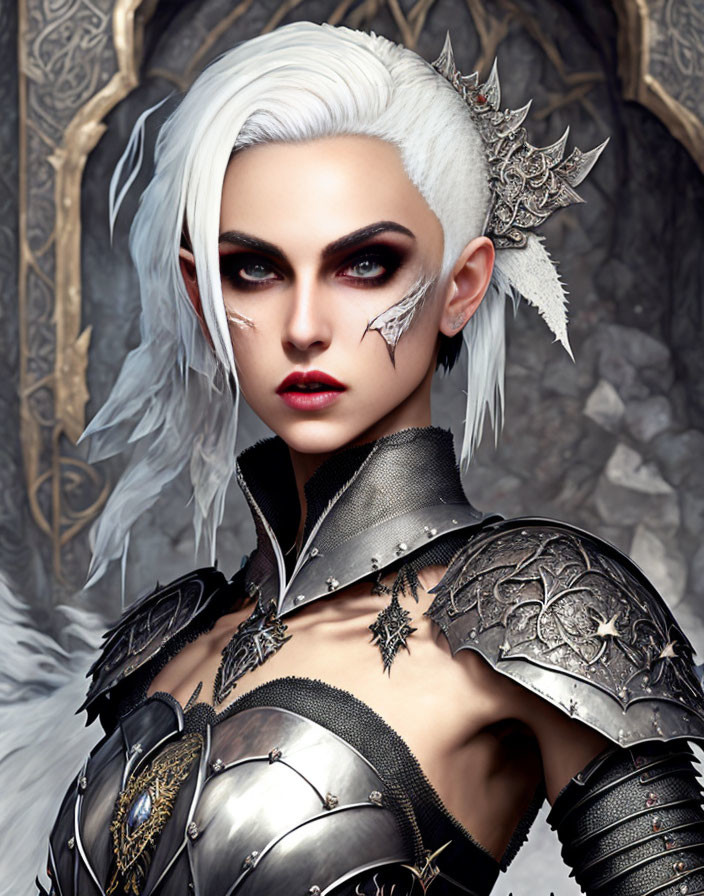 Fantasy character with white hair, red eye makeup, pale skin, and silver spiked armor