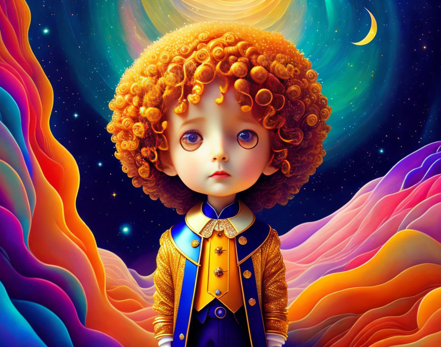 Child with Curly Hair in Cosmic Fantasy Landscape Illustration