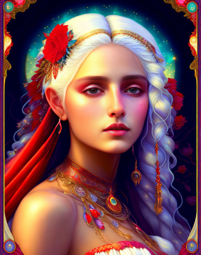 Fantasy character portrait with white hair and red accents