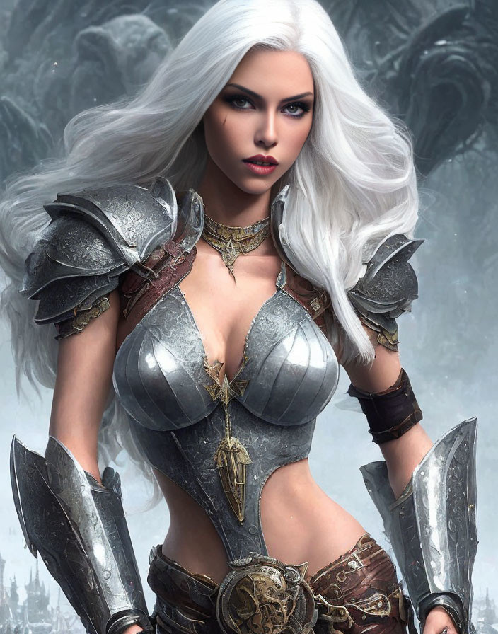 Woman in Silver and Leather Armor with White Hair and Purple Eyes