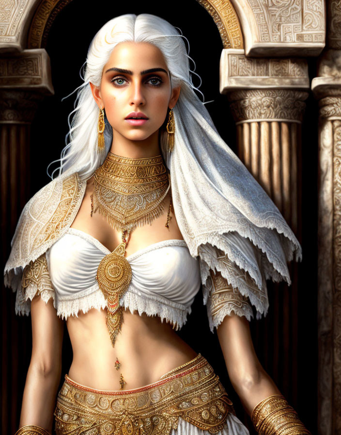 Digital Artwork of Woman with White Hair and Golden Jewelry in Fantasy Costume