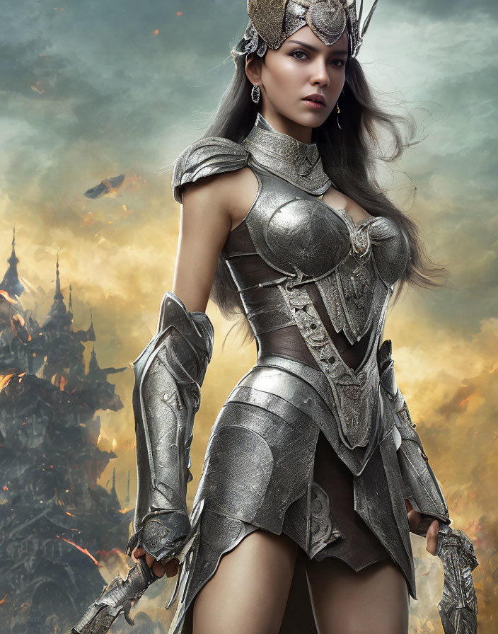 Warrior woman in silver armor with castle and stormy skies.