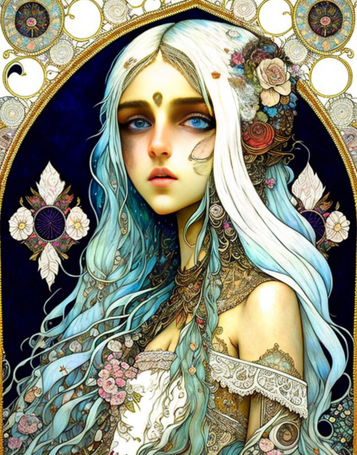 Fantastical portrait of female figure with pale skin, blue eyes, and flowing blue hair adorned with