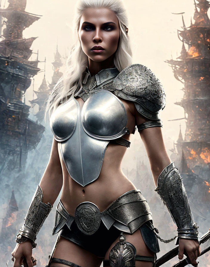 White-Haired Warrior in Armor with Sword and Shield on Fiery Battlefield