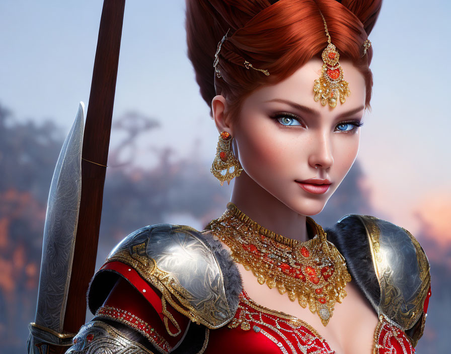 Fantasy warrior woman digital artwork with blue eyes, red hair, golden jewelry, red and silver armor