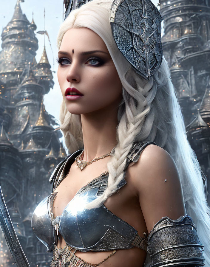 Fantasy warrior woman with white braided hair and silver armor