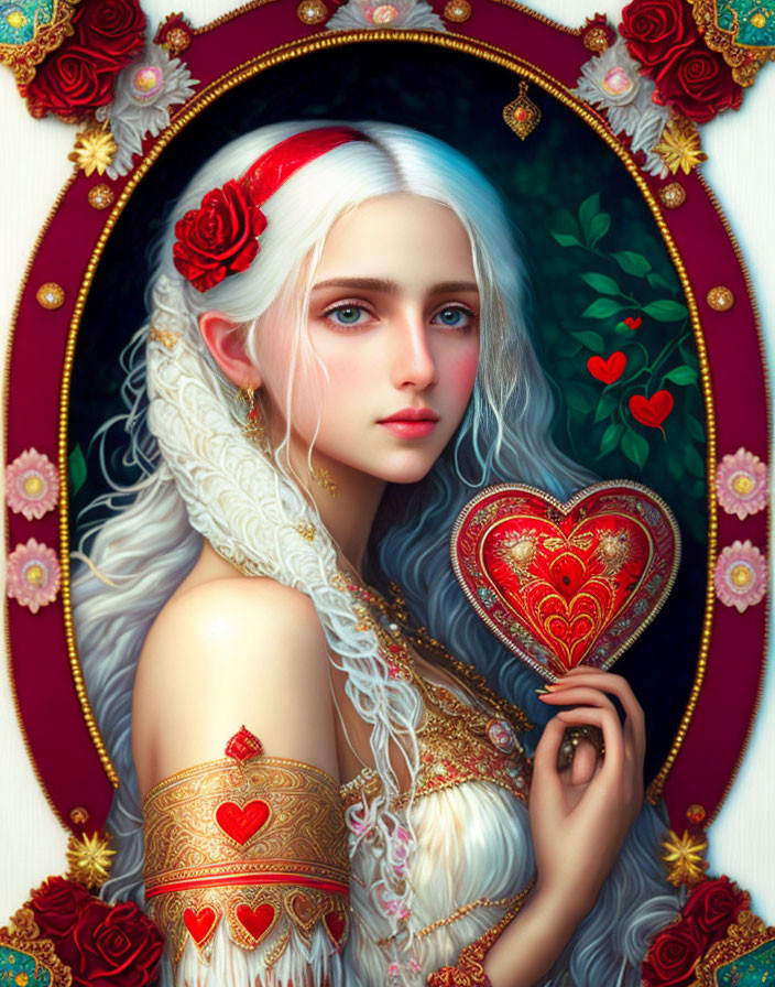 Digital artwork features pale-skinned woman with silver hair holding heart-shaped object amidst intricate designs and red roses