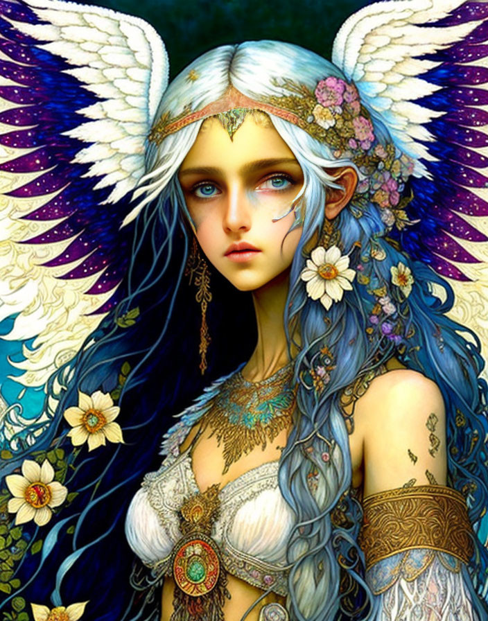 Illustration of mythical female figure with blue hair and intricate adornments