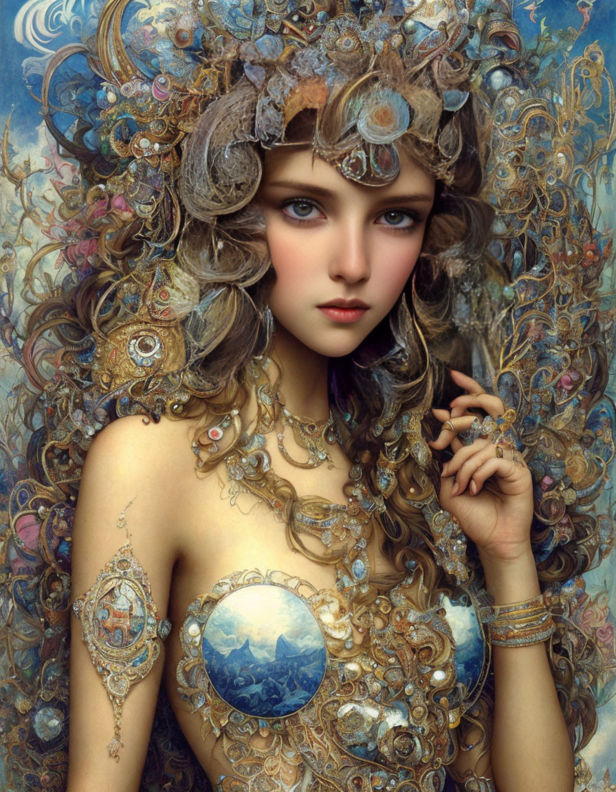 Intricate Fantasy Portrait of Woman with Golden Jewelry & Seascape Pendant