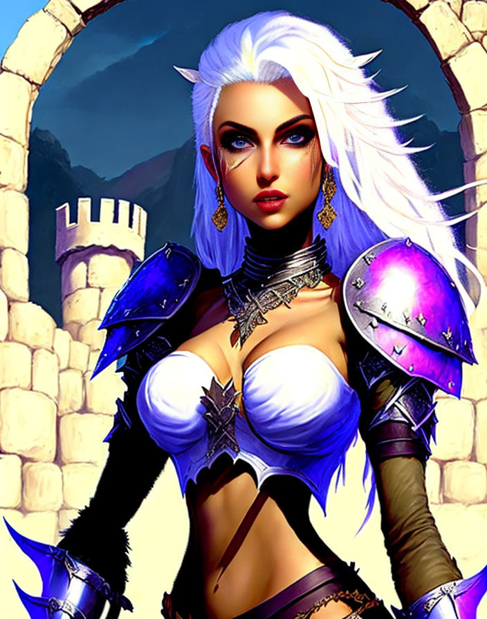 Female warrior with white hair and blue eyes in purple armor against castle walls