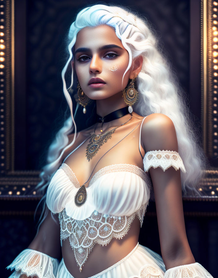 Dark-skinned woman with white hair in white and gold attire against ornate backdrop