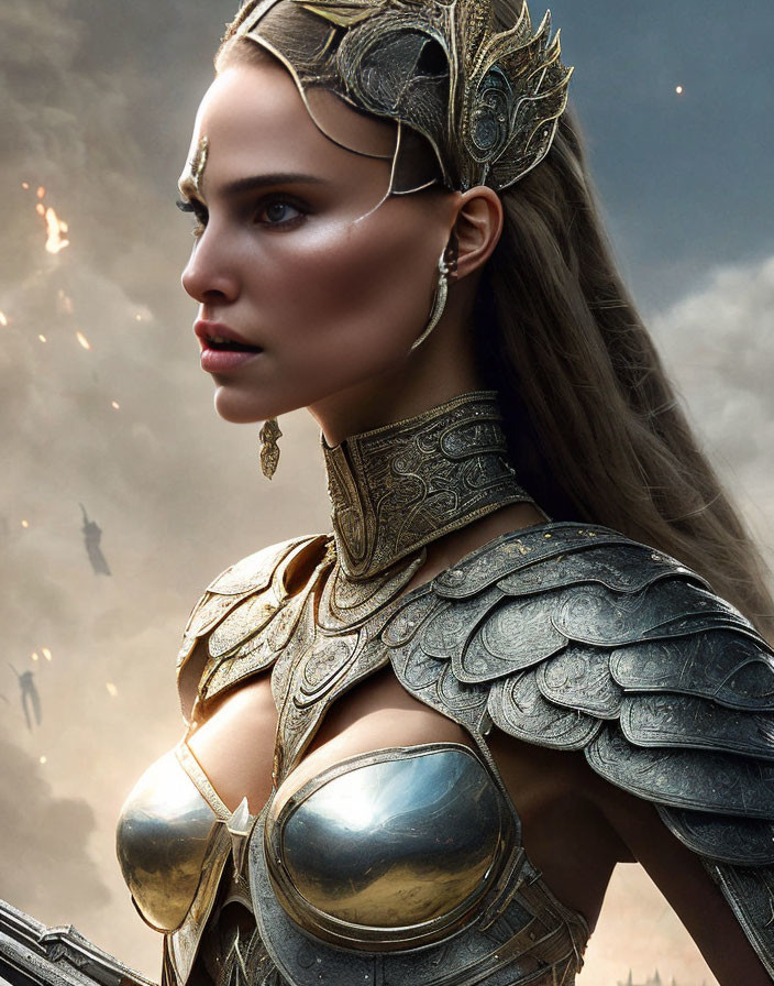 Serious woman in golden armor against fiery sky