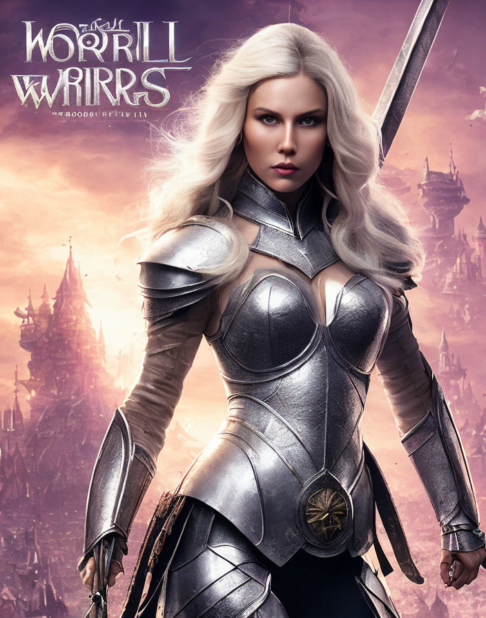 Blonde warrior in silver armor with sword in front of castle