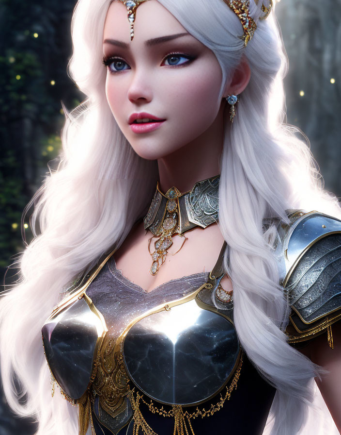 Fantasy female character with white hair, blue eyes, and golden armor in enchanted forest.