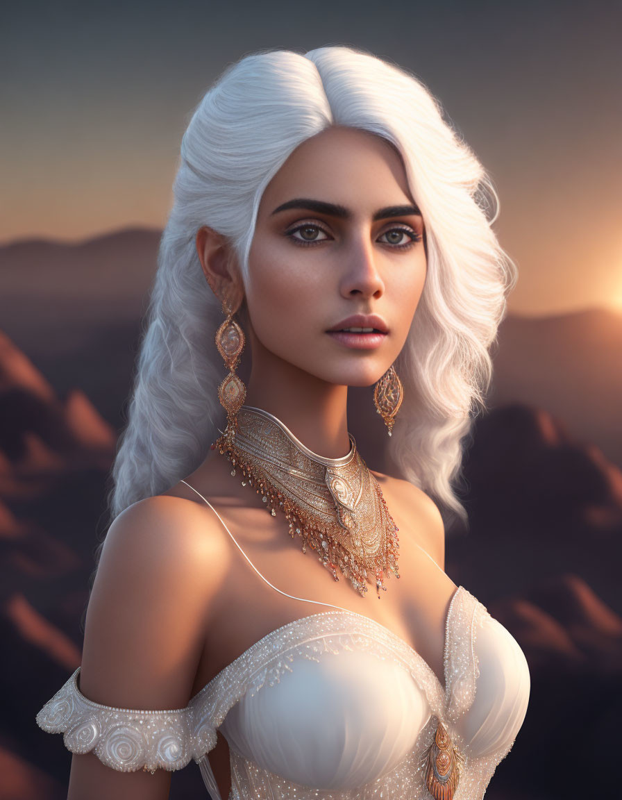 Woman with Blue Eyes and White Hair in Mountain Sunset Scene