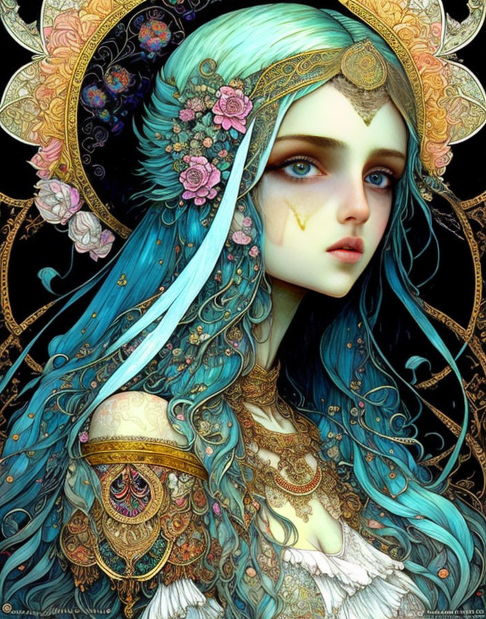 Illustration of woman with blue hair, floral headdress, golden armor, and ethereal gaze