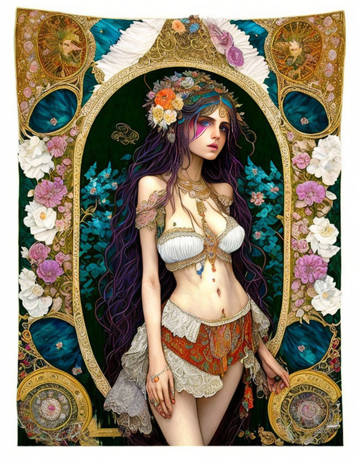 Fantasy Artwork: Woman with Purple Hair and Floral Adornments