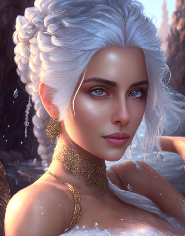 Portrait of a woman with pale skin, blue eyes, white hair in braids, golden jewelry,