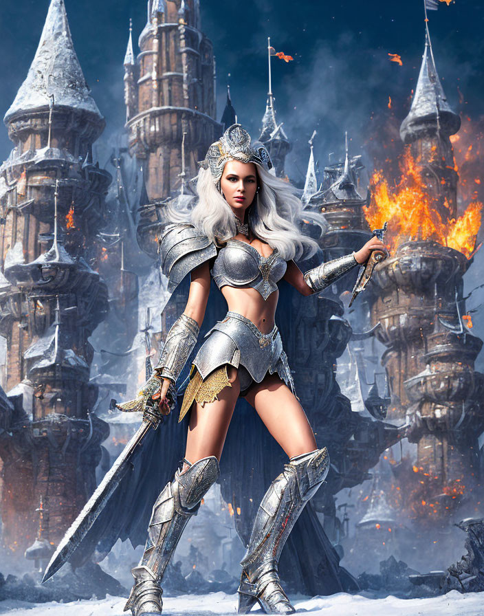 Warrior woman in silver armor with sword against fiery icy castles