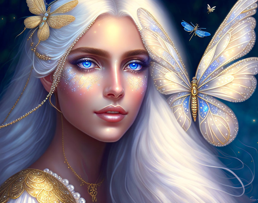 Digital Art Portrait of Woman with Glowing Blue Eyes and White Hair