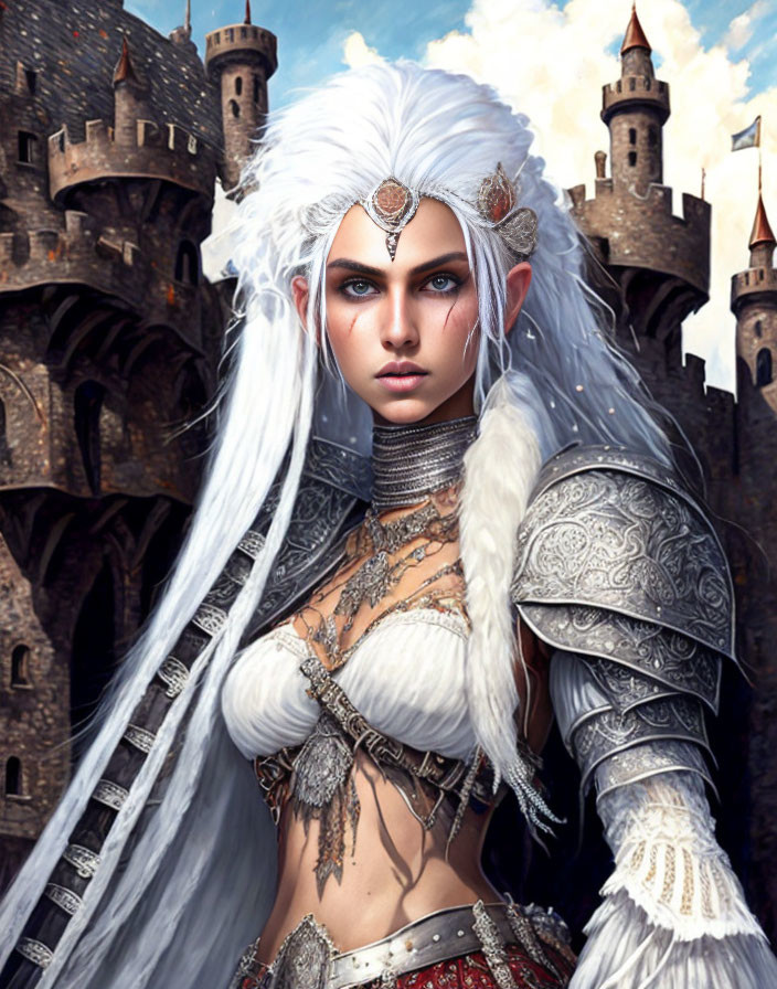 Fantasy digital artwork: White-haired elf warrior in silver armor against castle backdrop