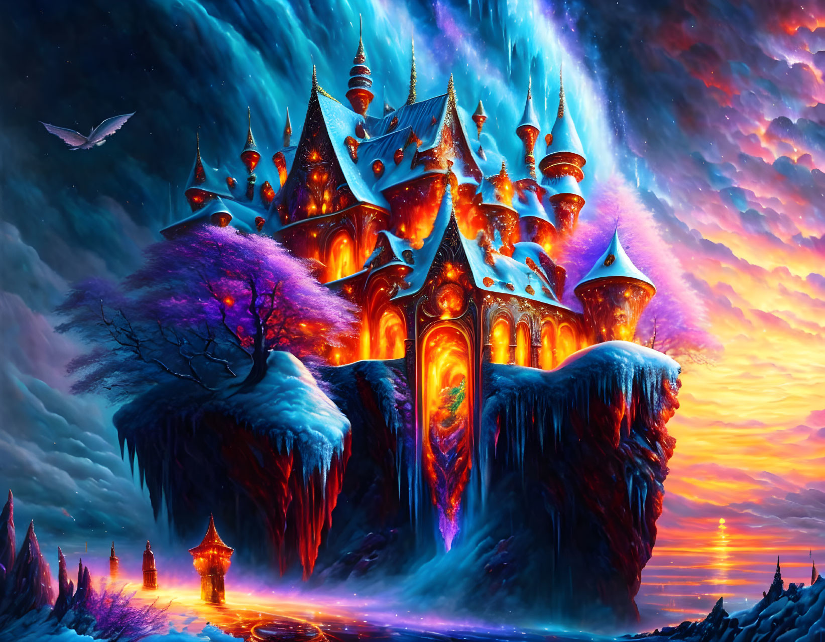 Fantasy castle on cliff at dusk with glowing windows and flying bird