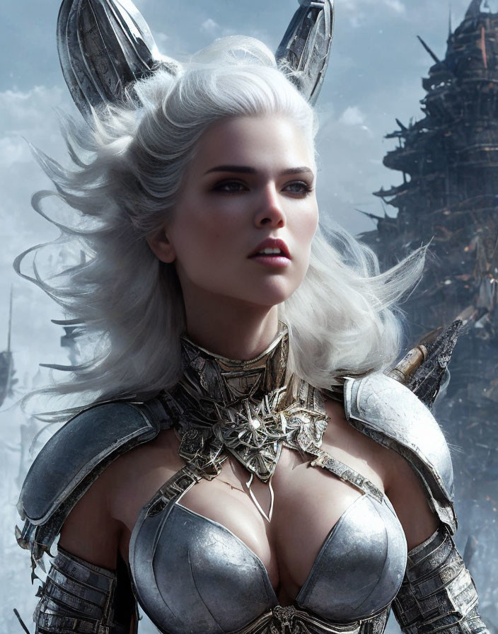 White-Haired Woman in Silver Armor Before Dark Castle