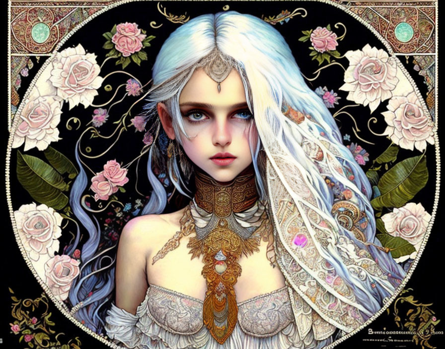 Fantasy character illustration with long white hair, blue eyes, floral patterns, ornate jewelry